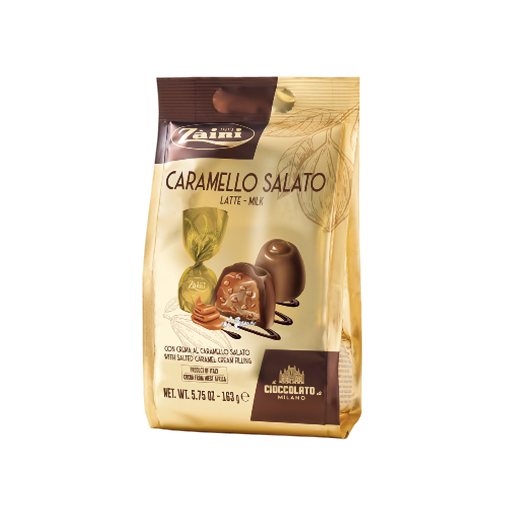 PRALINE DI CIOCCOLATO AL LATTE CON RIPIENO DI CARAMELLO SALATO E CARAMELLO SALATO CROCCANTE 163G