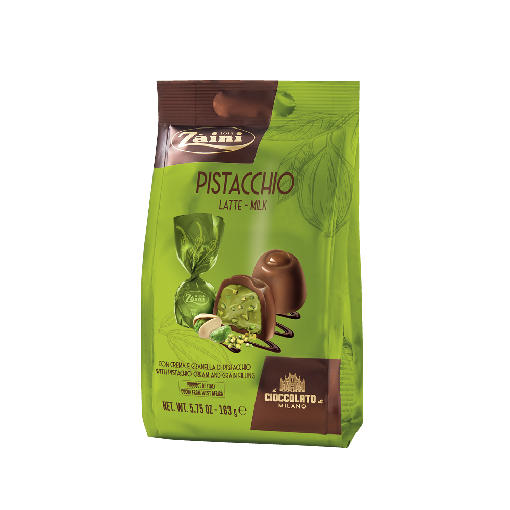 PRALINE DI CIOCCOLATO AL LATTE RIPIENE DI CREMA AL PISTACCHIO CON GRANELLA DI PISTACCHIO 163G